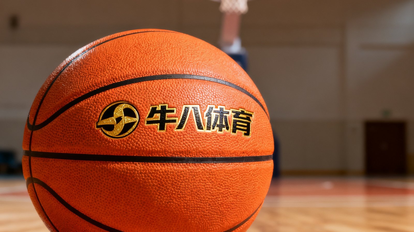 一颗橙色竞赛级7号篮球特写，表面纹理清晰可见，金色牛八体育logo印在球面，篮球置于木地板球场中央，背景虚化显示篮筐。