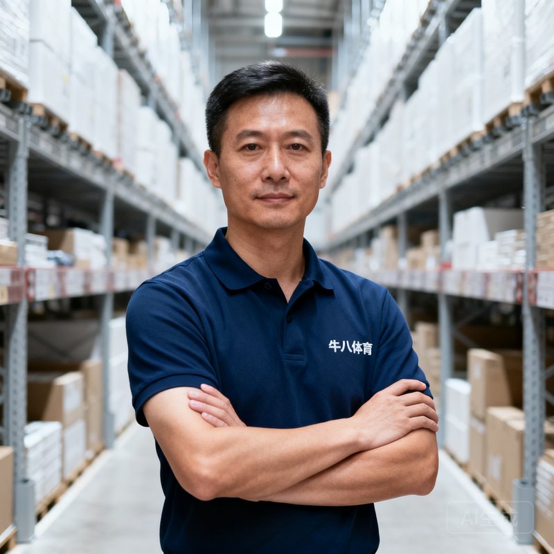 牛八体育创始人陈志远的半身肖像照，他穿着深蓝色Polo衫，双臂交叉，站在仓储中心货架通道中，表情坚毅而温和。