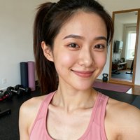 一位年轻女性在家中健身,扎着马尾,穿着粉色运动背心,微笑着面对镜头,身后是家庭健身角。