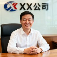 一位企业行政经理的半身照,穿着衬衫,坐在办公桌前,面带微笑,背景是公司LOGO墙。